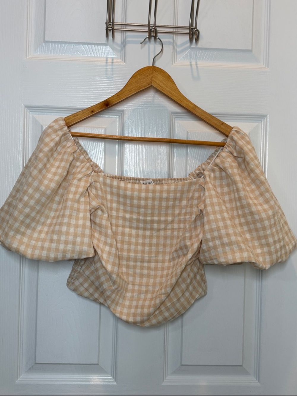 Mimosa Beige Gingham Off-Shoulder Puff Sleeve Crop Top size M boho cottagecore